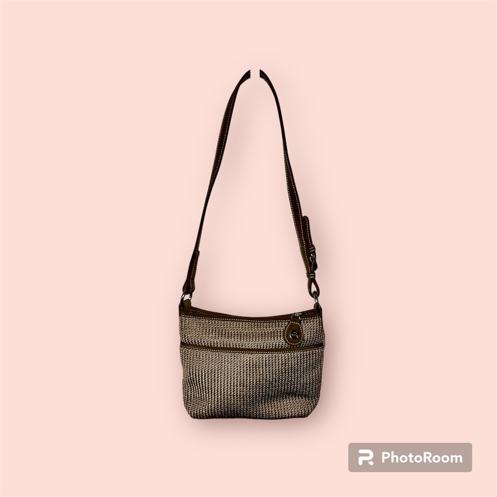 The Sak Purse Khaki Crochet, Shoulder Strap Brown with Buckles, Pockets Lined